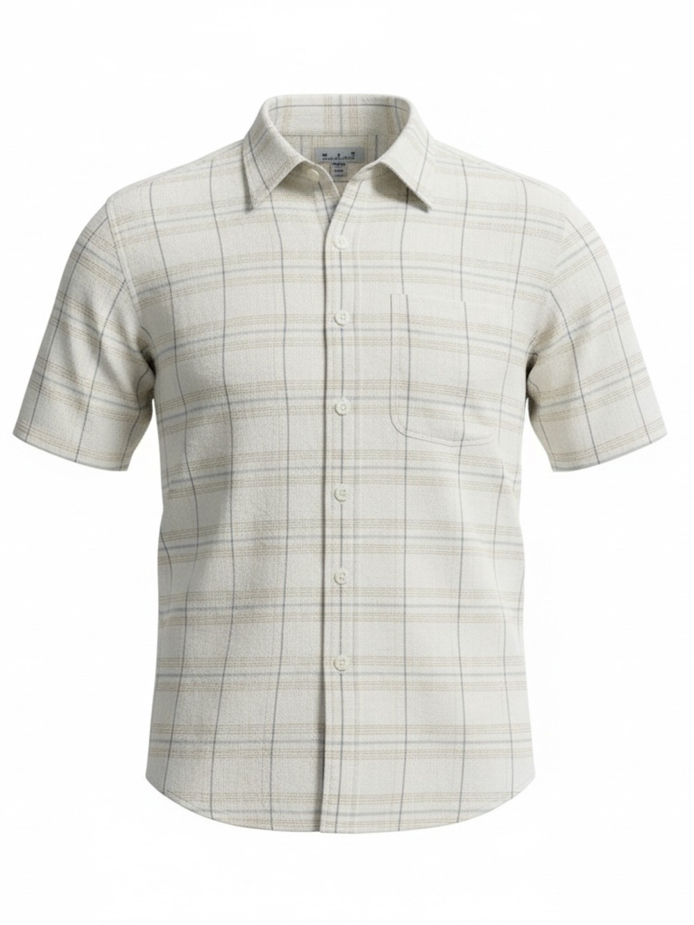 Men's Short-Sleeve Plaid washable linen Button-Down Shirt - Cream‎